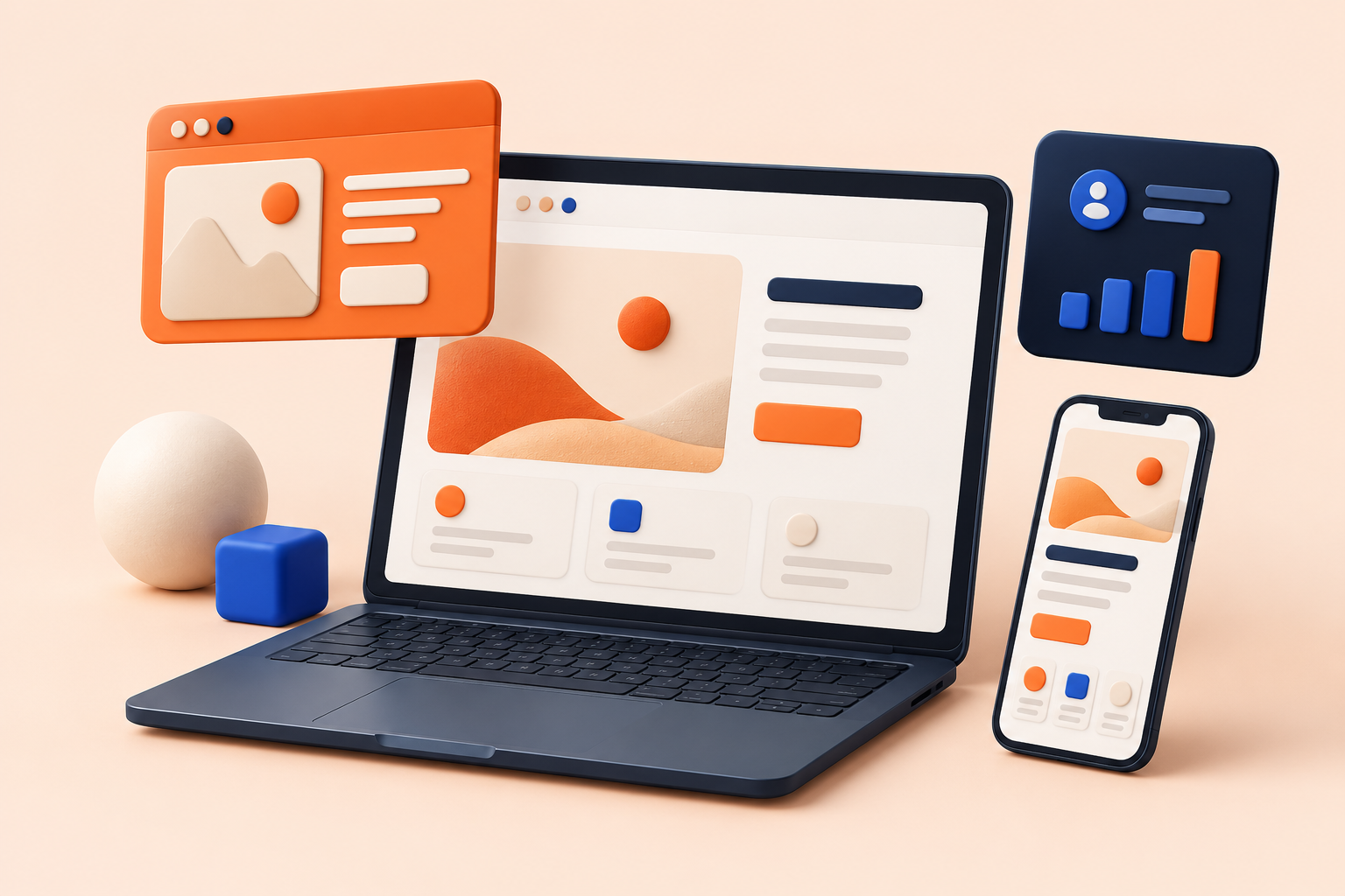 Three-dimensional illustration of a laptop, mobile website and business dashboard