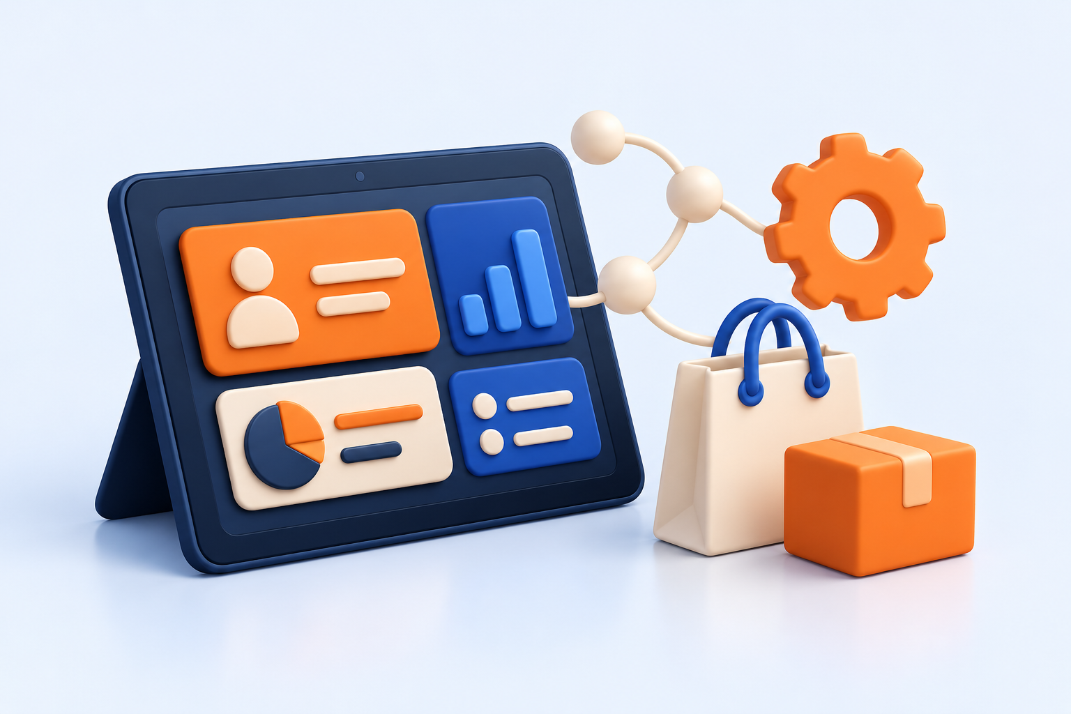 Three-dimensional illustration of business automation and e-commerce tools